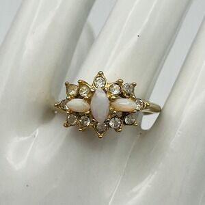Vintage Opal Cluster Ring Clear CZ Gold Plate Size 6.5